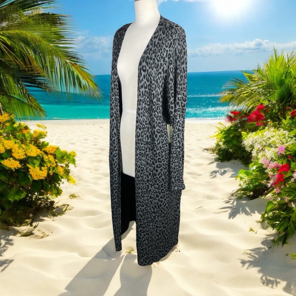 Terra & Sky Plus Leopard Print Open Front Cardigan Long Duster Sweater Size 14W - Picture 5 of 16